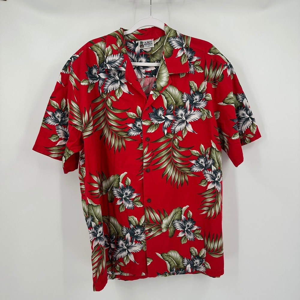 Aloha Republic Mens Hawaiian Aloha Shirt Size XL Red Floral Cotton Made in USA